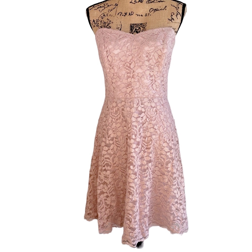 David’s Bridal Strapless Pink Lace Dress